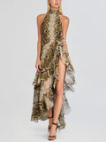 Green Snake Print High-Low Maxi Dress
