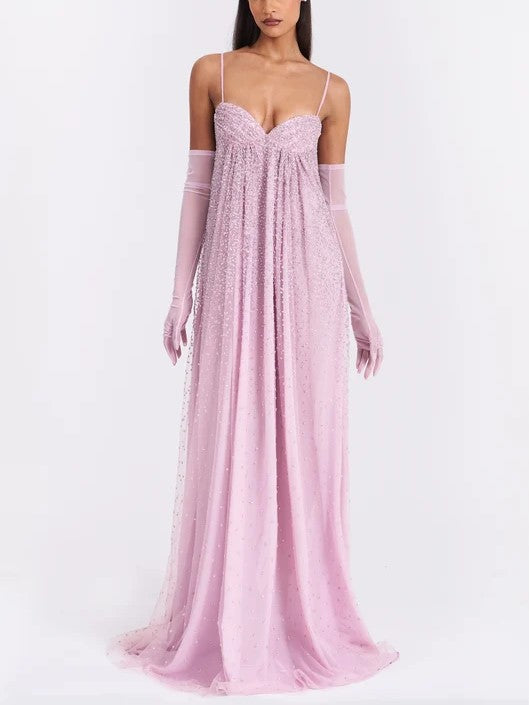 Pink Sequin Tulle Maxi Dress