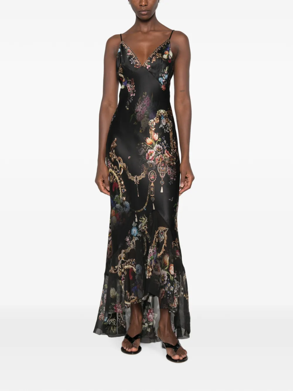 Black Baroque Print Satin Maxi Dress