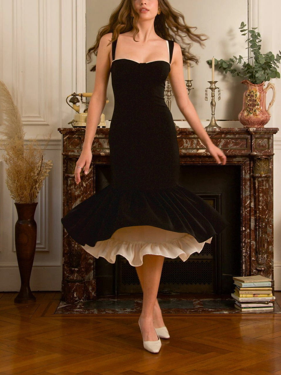 Black Satin Tulle Hem Mini Dress