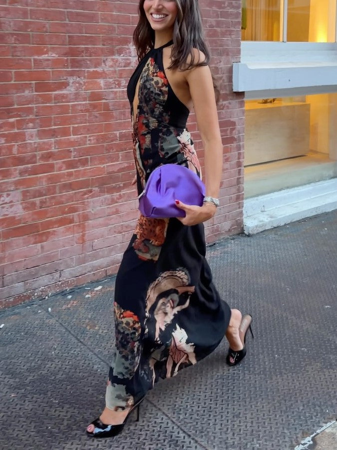 Black Floral Halter Open Back Maxi Dress