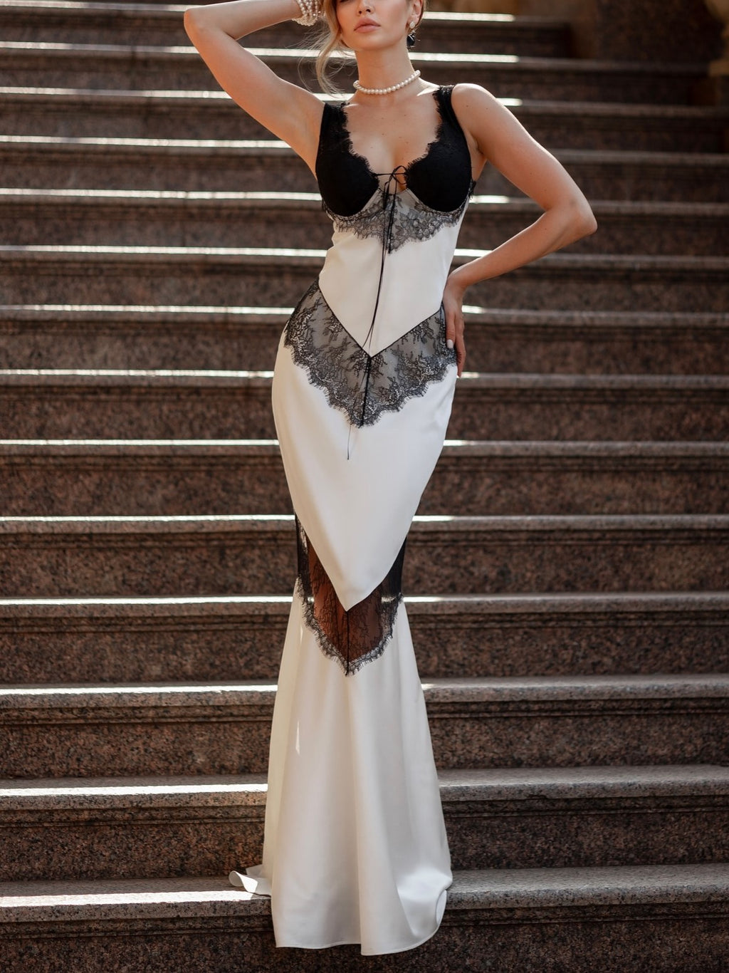 White Black Lace Mermaid Maxi Dress