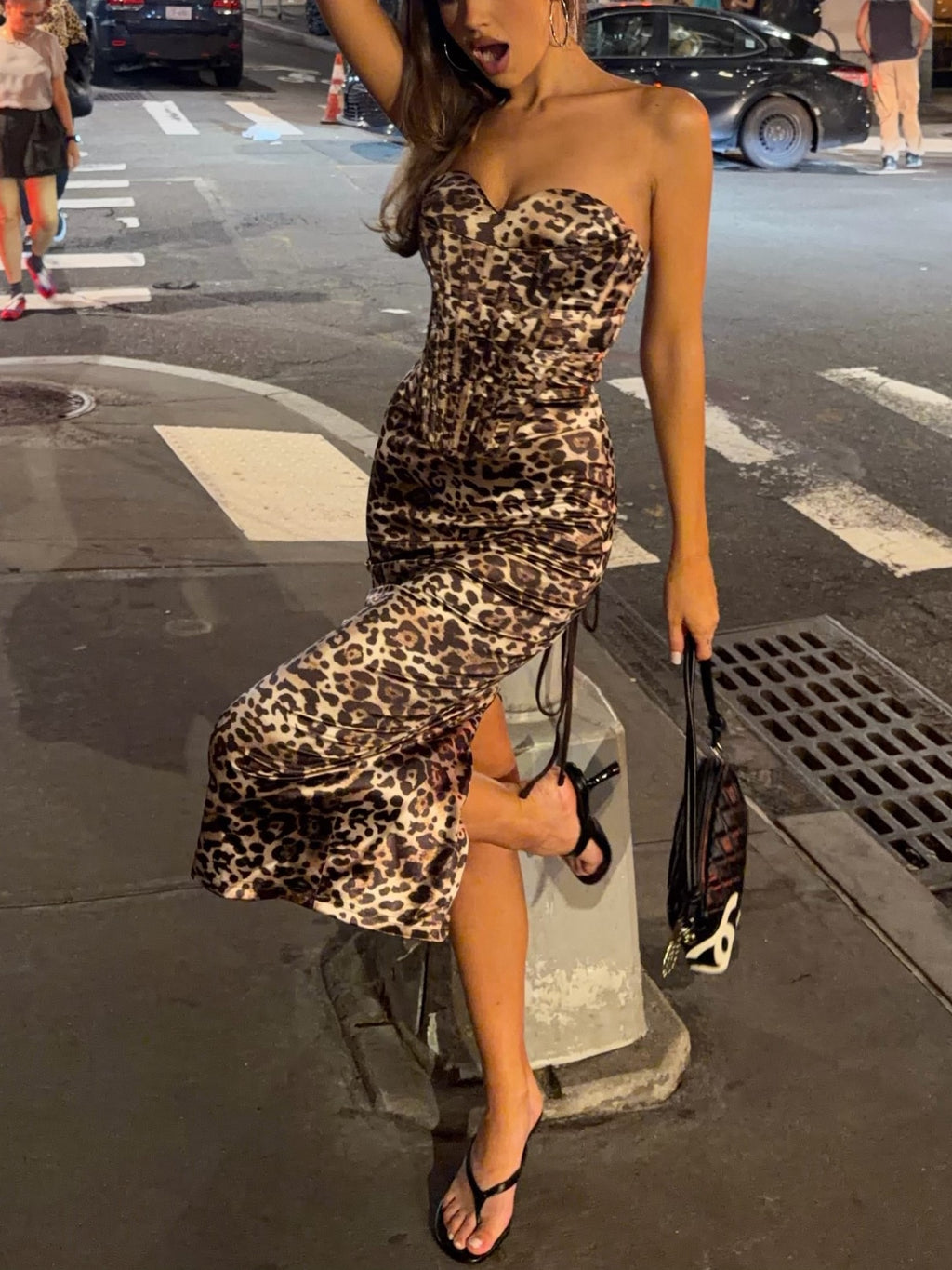Brown Leopard Print Ruched Midi Dress