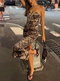 Brown Leopard Print Ruched Midi Dress