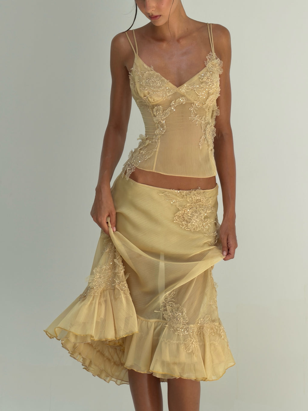 Yellow Lace Applique Midi Dress Set