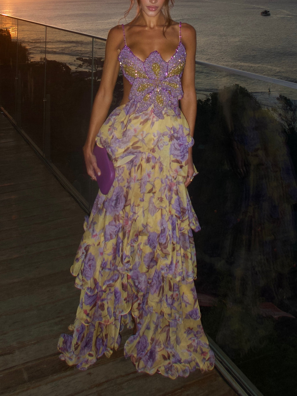 Yellow Purple Floral Tiered Maxi Dress