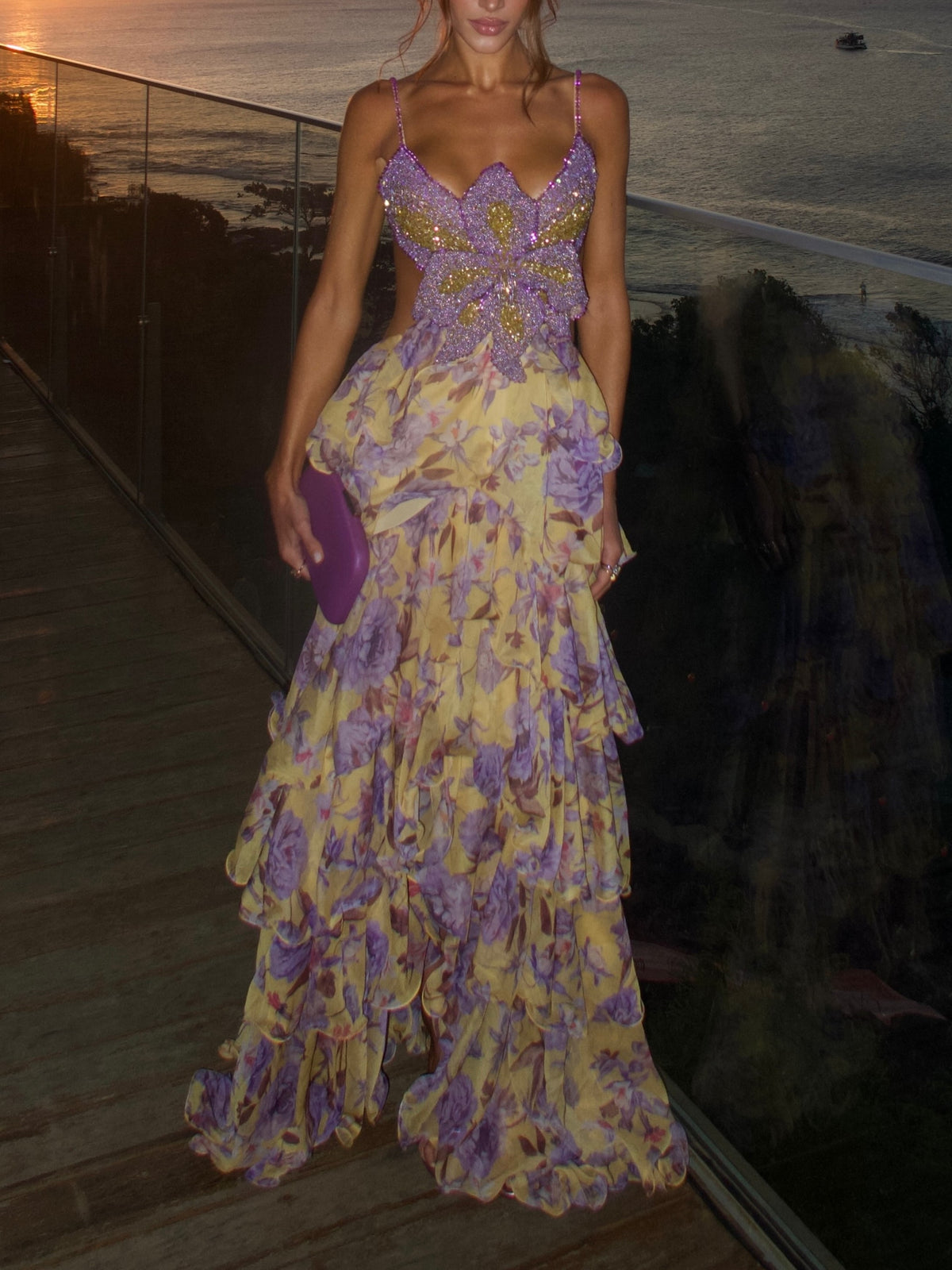 Yellow Purple Floral Tiered Maxi Dress