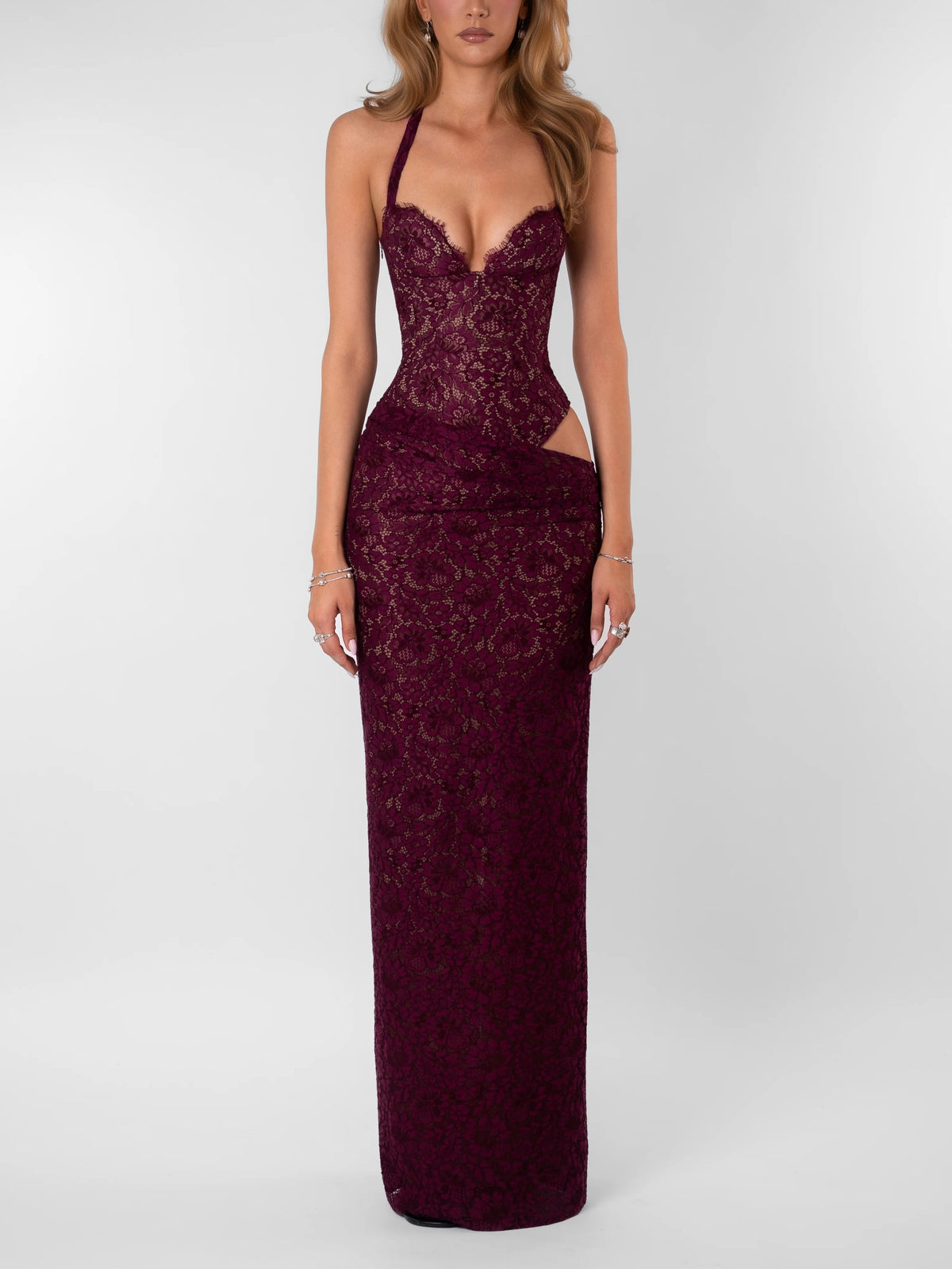 Burgundy Lace Halter Maxi Dress