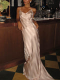 Champagne Satin Striped Maxi Dress