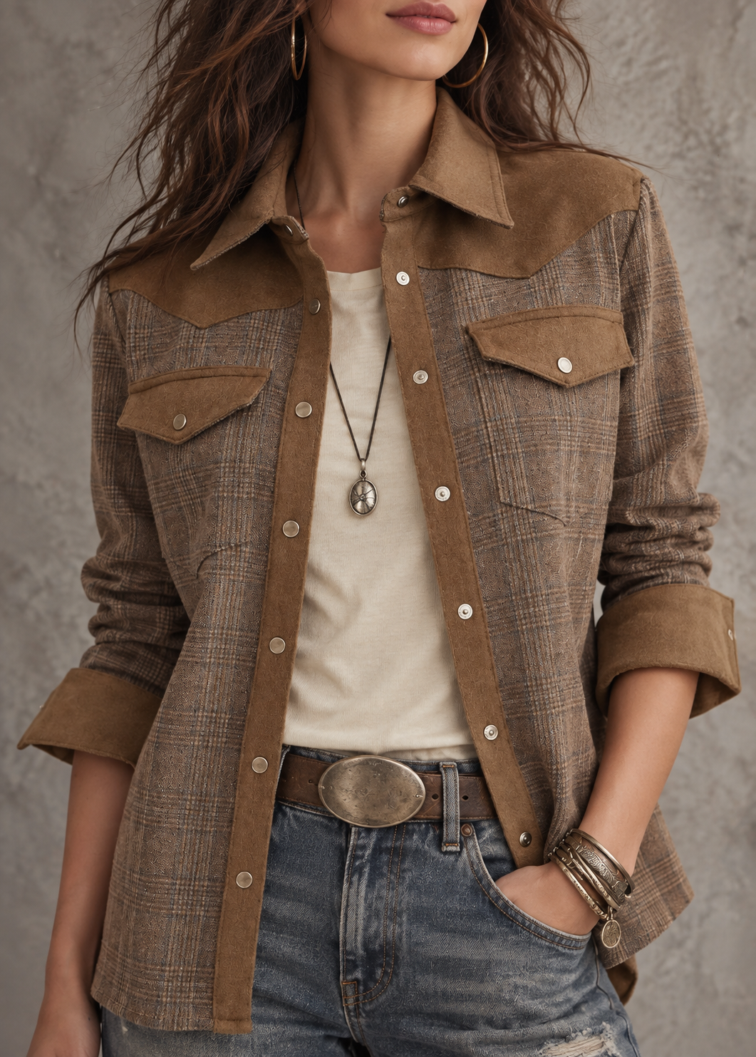Brown Plaid Suede Trim Shacket