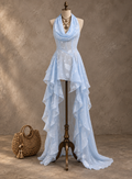 Blue Lace Halter High-Low Maxi Dress