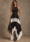 Black Lace Ruffle Tiered Maxi Dress