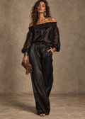 Black Satin Off-Shoulder Lace Jumpsuit