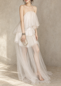 White Tulle Tiered Ruffle Strapless Maxi Dress