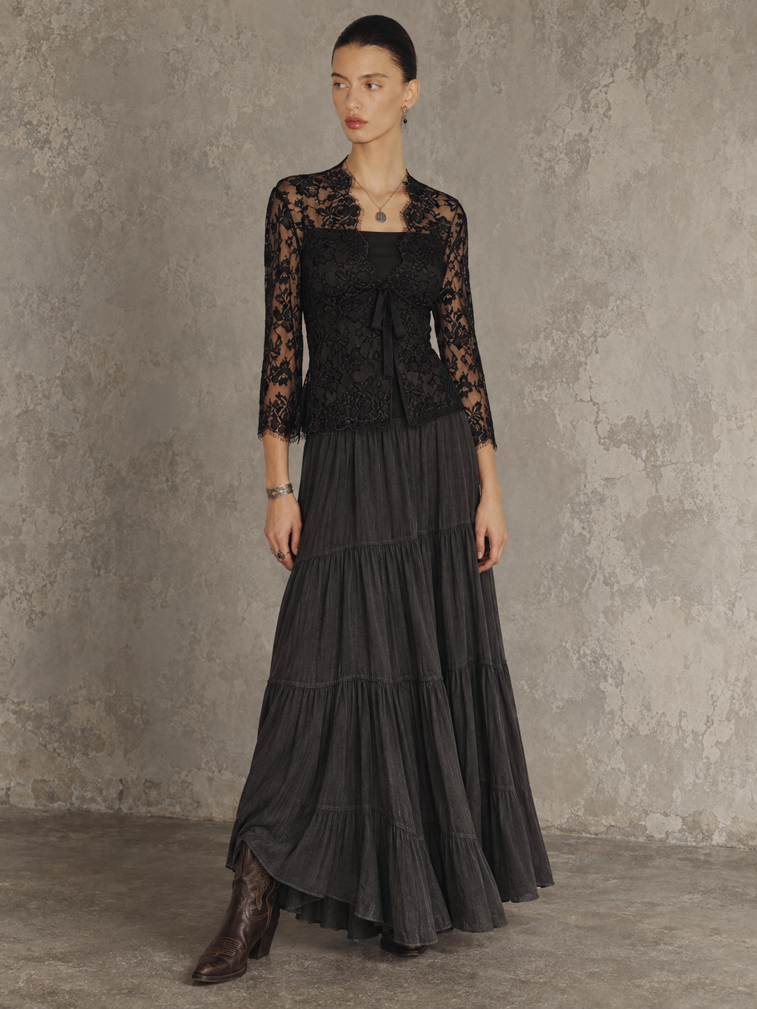 Black Lace Cardigan Tiered Maxi Dress Set