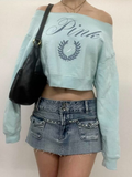 Light Blue Pink Off-Shoulder Cropped Sweatshirt