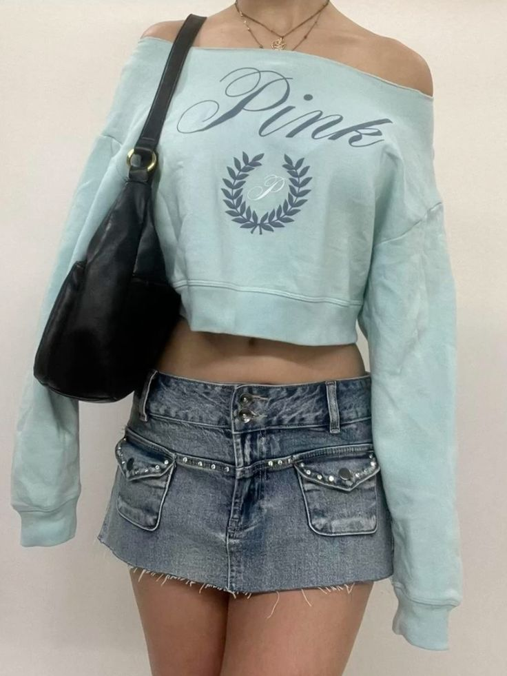 Light Blue Pink Off-Shoulder Cropped Sweatshirt