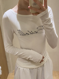 White Script Graphic Long Sleeve Top
