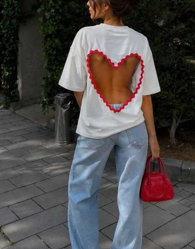 White Heart Cutout Back Graphic Tee