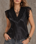 Black Satin Lace Up Ruffle Sleeve Top