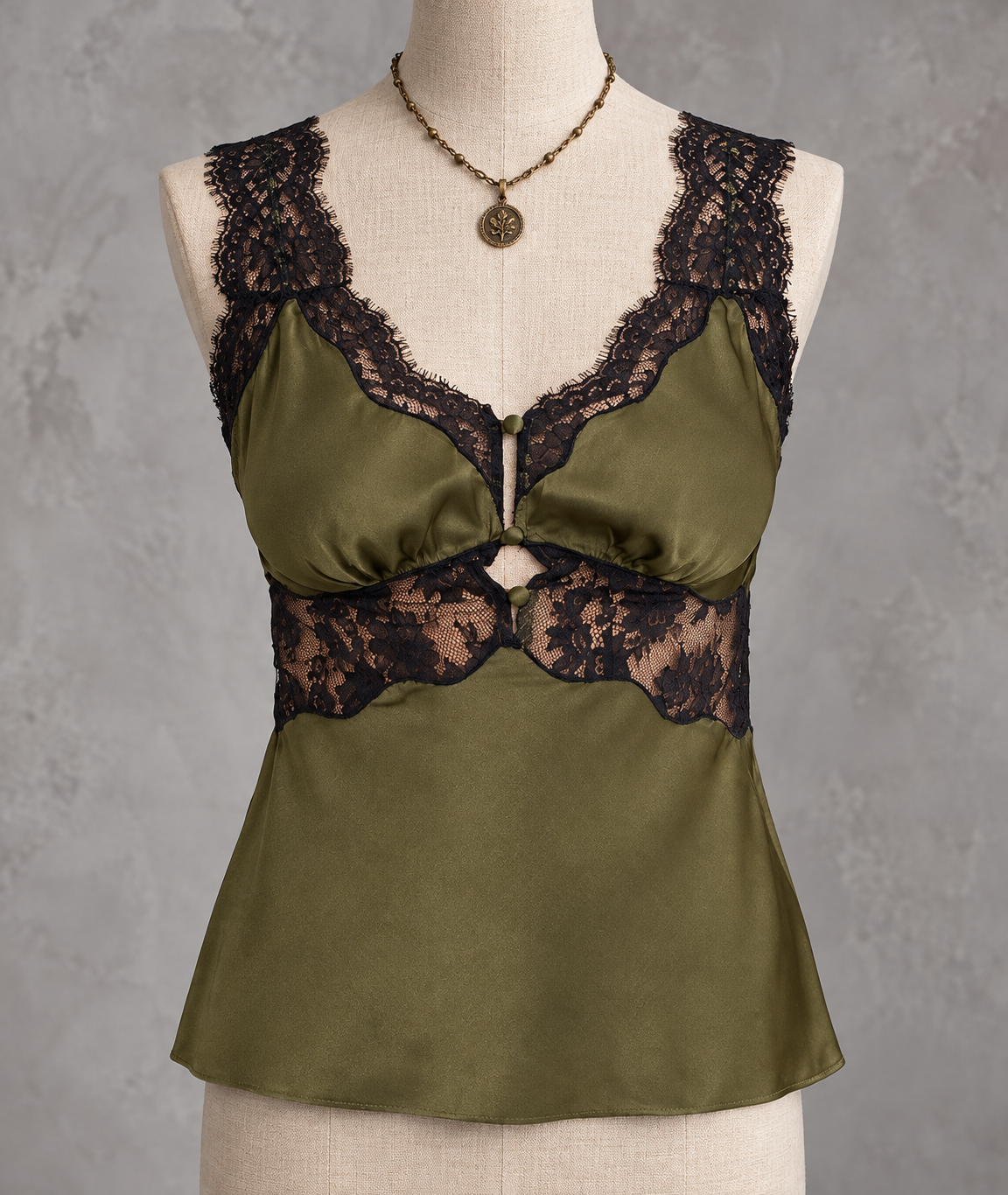 Olive Satin Lace Trim Cami Top