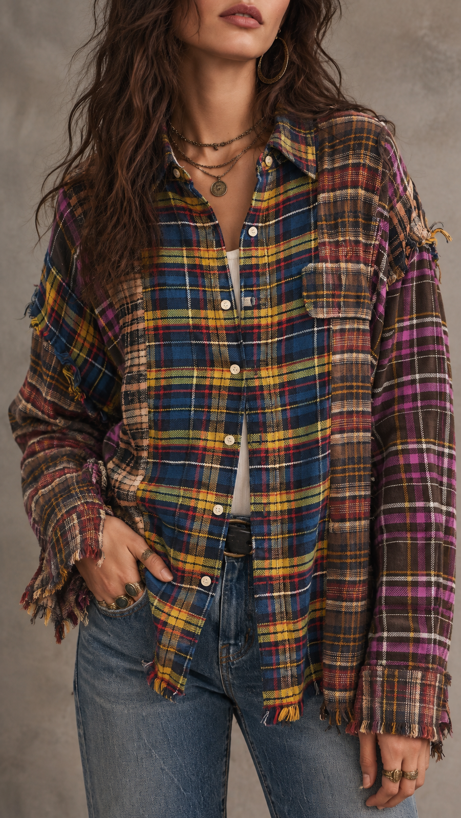 Multicolor Plaid Frayed Hem Shirt