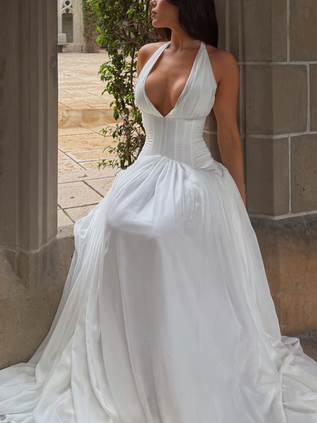 White Halter Corset Pleated Maxi Dress