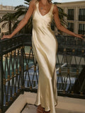 Champagne Satin V-Neck Maxi Slip Dress