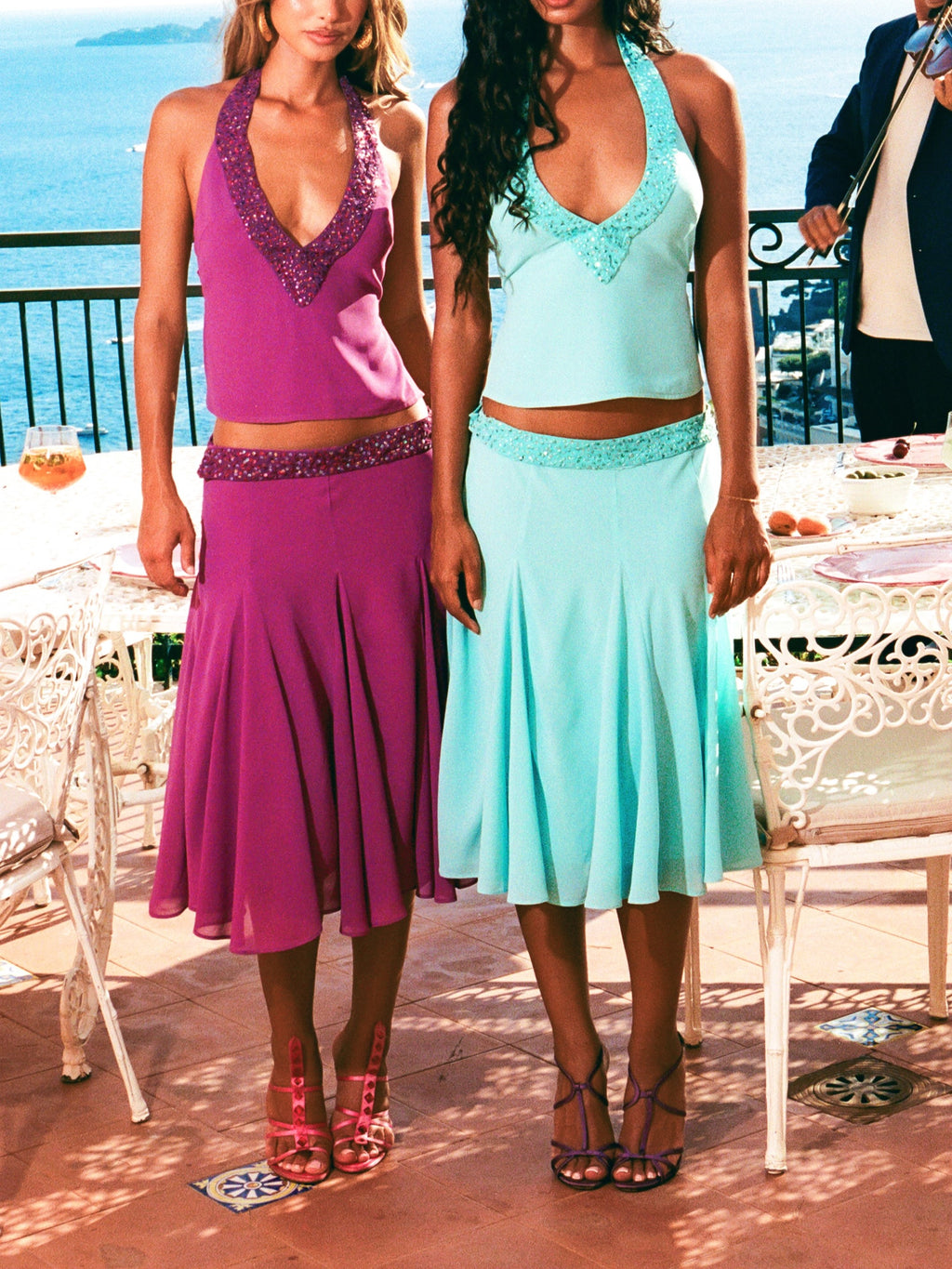 Magenta Sequin Halter Top and Midi Skirt Set