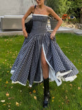 Blue Plaid Strapless High Slit Midi Dress