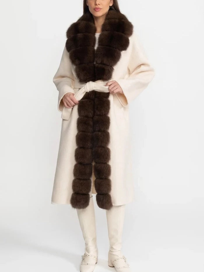 Cream Faux Fur Trim Belted Coat