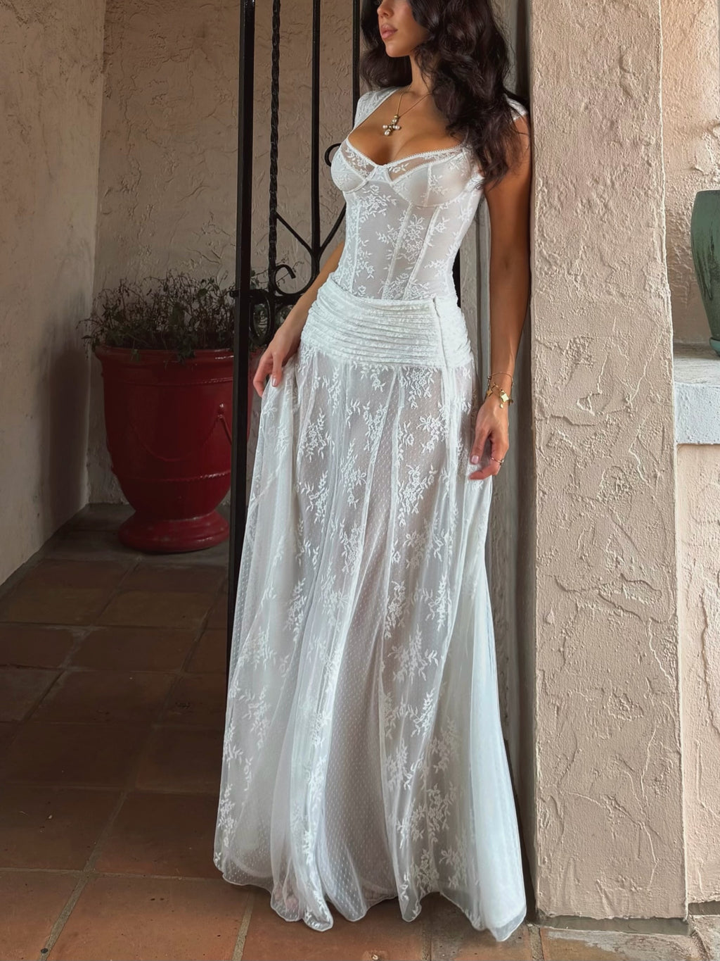 White Lace Corset Maxi Dress