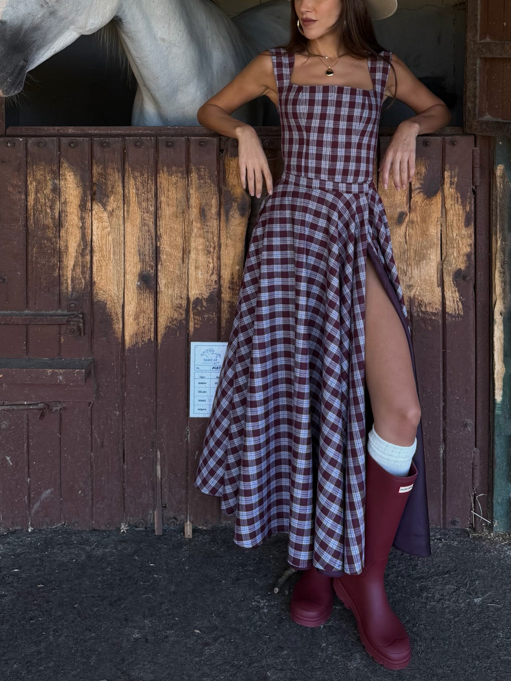 Burgundy Plaid Square Neck High Slit Midi Dress