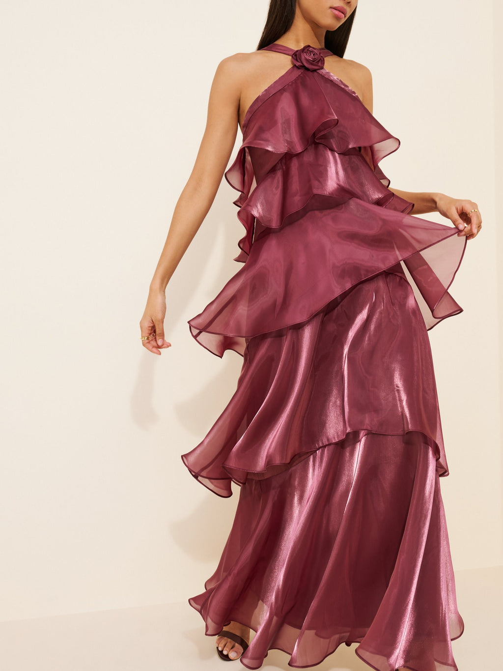 Burgundy Organza Ruffle Halter Maxi Dress