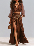 Sheer Sleeve Crop Shirt & High Slit Maxi Skirt Set