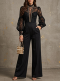 Lace Pearl Trim High Neck Wide Leg Jumpsuit