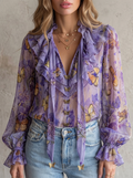 Butterfly Print Ruffle Tie Neck Blouse
