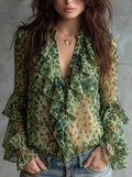 Leopard Print Ruffle V-Neck Bell Sleeve Blouse