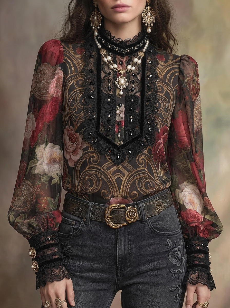 Victorian Rose Print High Neck Lace Blouse
