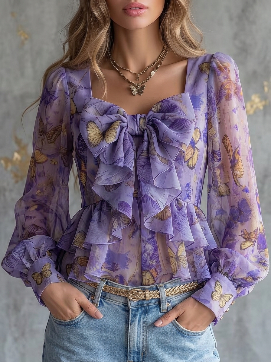 Butterfly Print Square Neck Bow Peplum Blouse