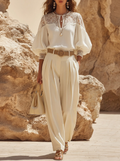 Lace Yoke Puff Sleeve Top & Wide Leg Pants Set