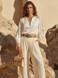 Lace Shoulder V-Neck Top & Pleated Wide Leg Pants Set