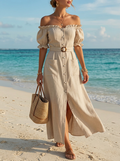Off-Shoulder Button-Front Belted Midi Dress