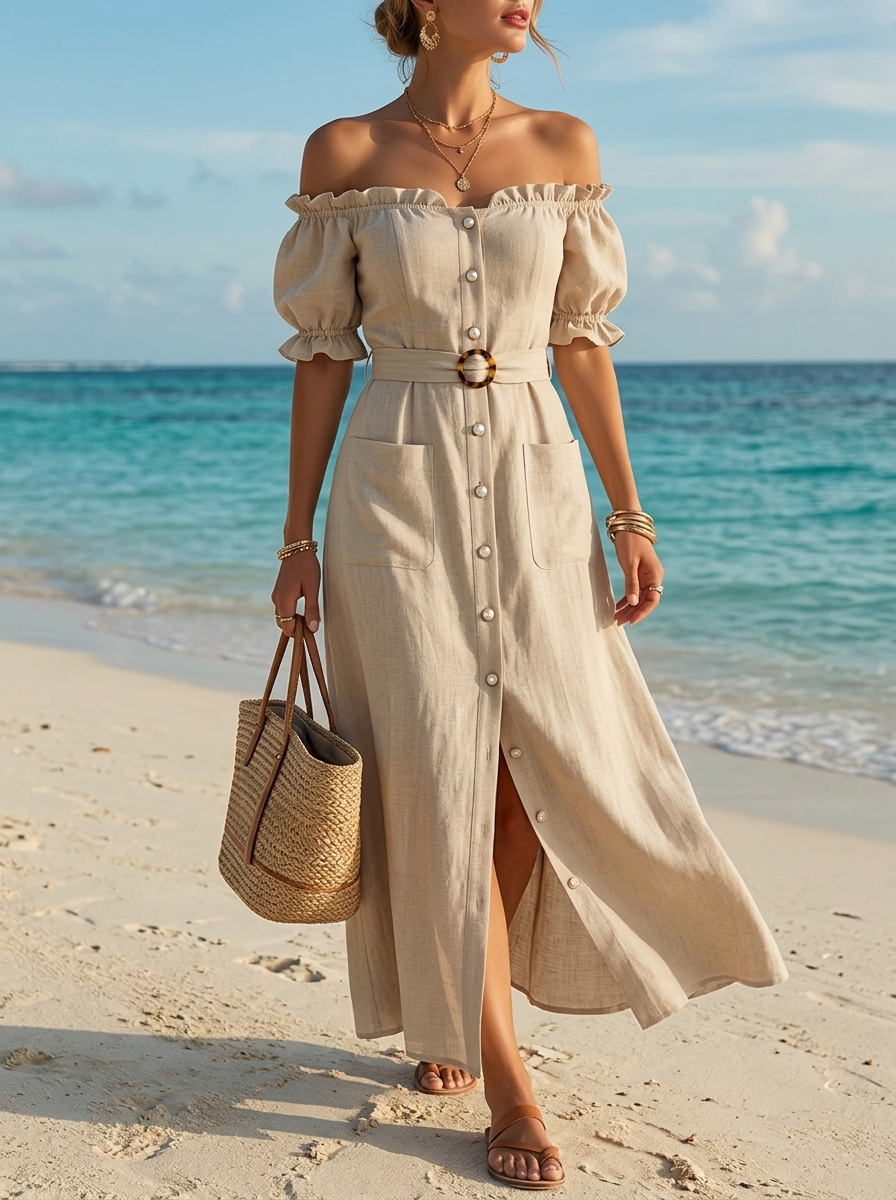 Off-Shoulder Button-Front Belted Midi Dress
