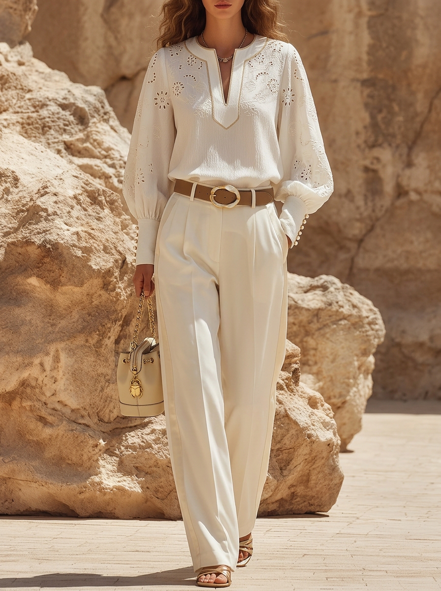 Eyelet Embroidered V-Neck Top & Wide Leg Pants Set