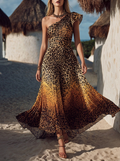 Leopard Print One Shoulder Pleated Maxi Dress