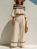 Contrast Trim Off-Shoulder Top & Wide Leg Pants Set