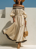 Gold Trim Off-Shoulder Belted Maxi Dress