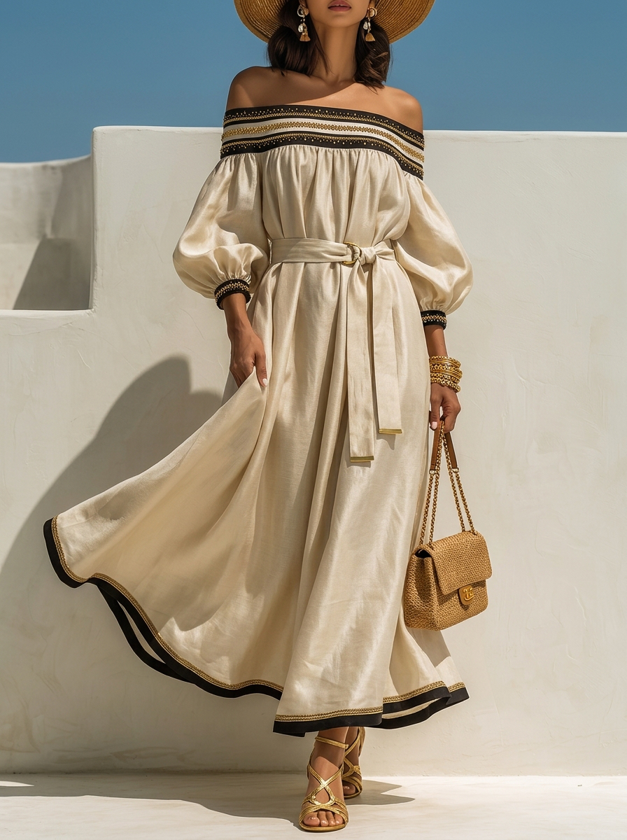 Gold Trim Off-Shoulder Belted Maxi Dress