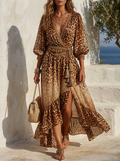 Leopard Print V-Neck Ruffle Hem Maxi Dress